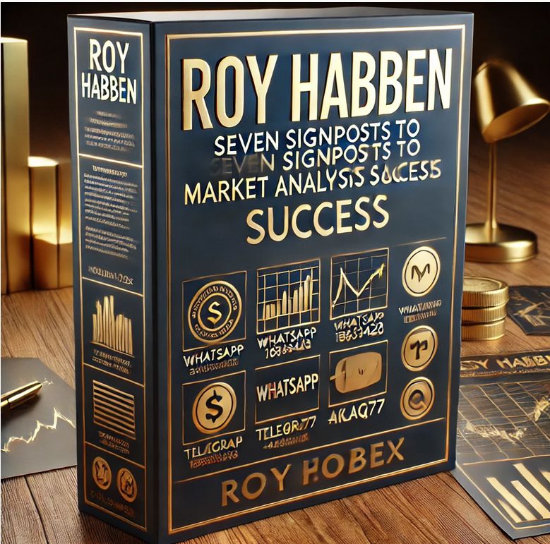 3D product packaging image for "Roy Habben - Seven Signposts to Market Analysis Success" with a dark blue and gold theme, showcasing the title in bold lettering with financial and market analysis graphics, contact details for missionforex.com.